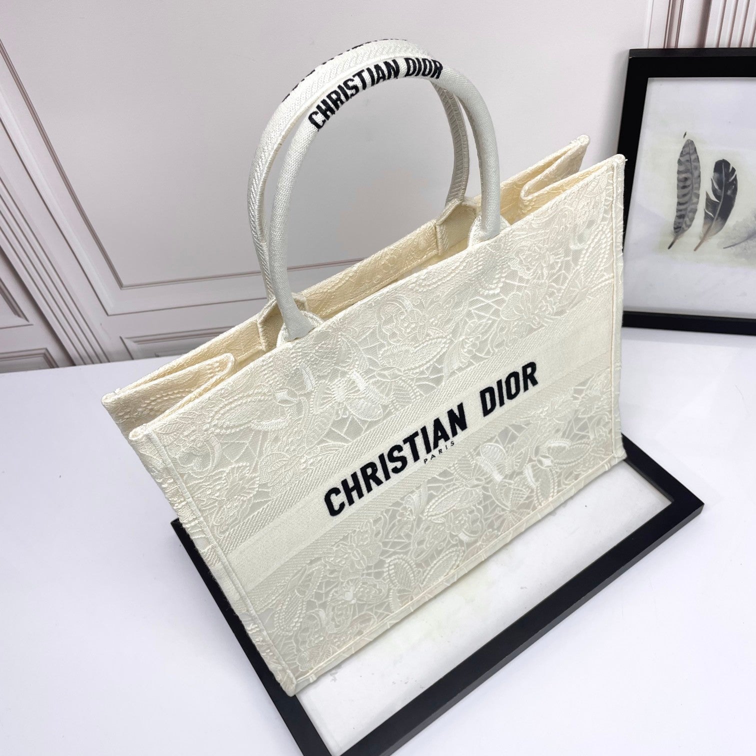 Dior Elegant White Floral Embroidered Canvas Top Handle Tote Bag