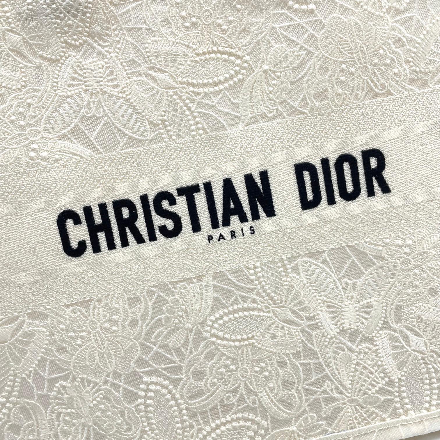 Dior Large Cream Floral Embroidered Canvas Tote Bag with Top Handles