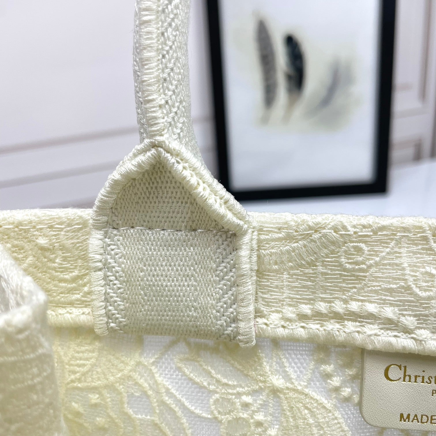 Dior Elegant White Floral Embroidered Canvas Top Handle Tote Bag