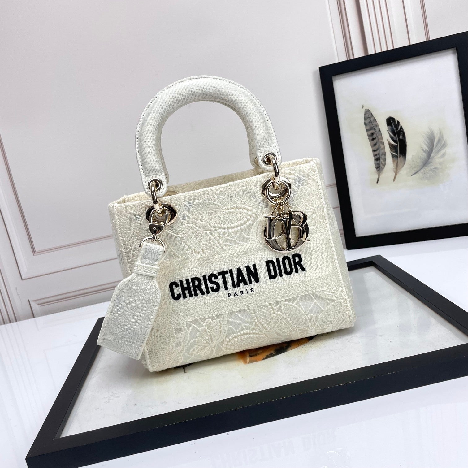 Dior White Floral Embroidered Canvas Top Handle Handbag