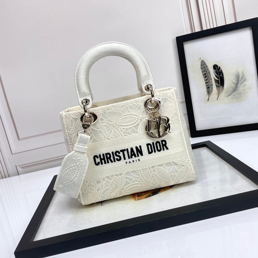 Dior White Embroidered Canvas Top Handle Handbag with Charms