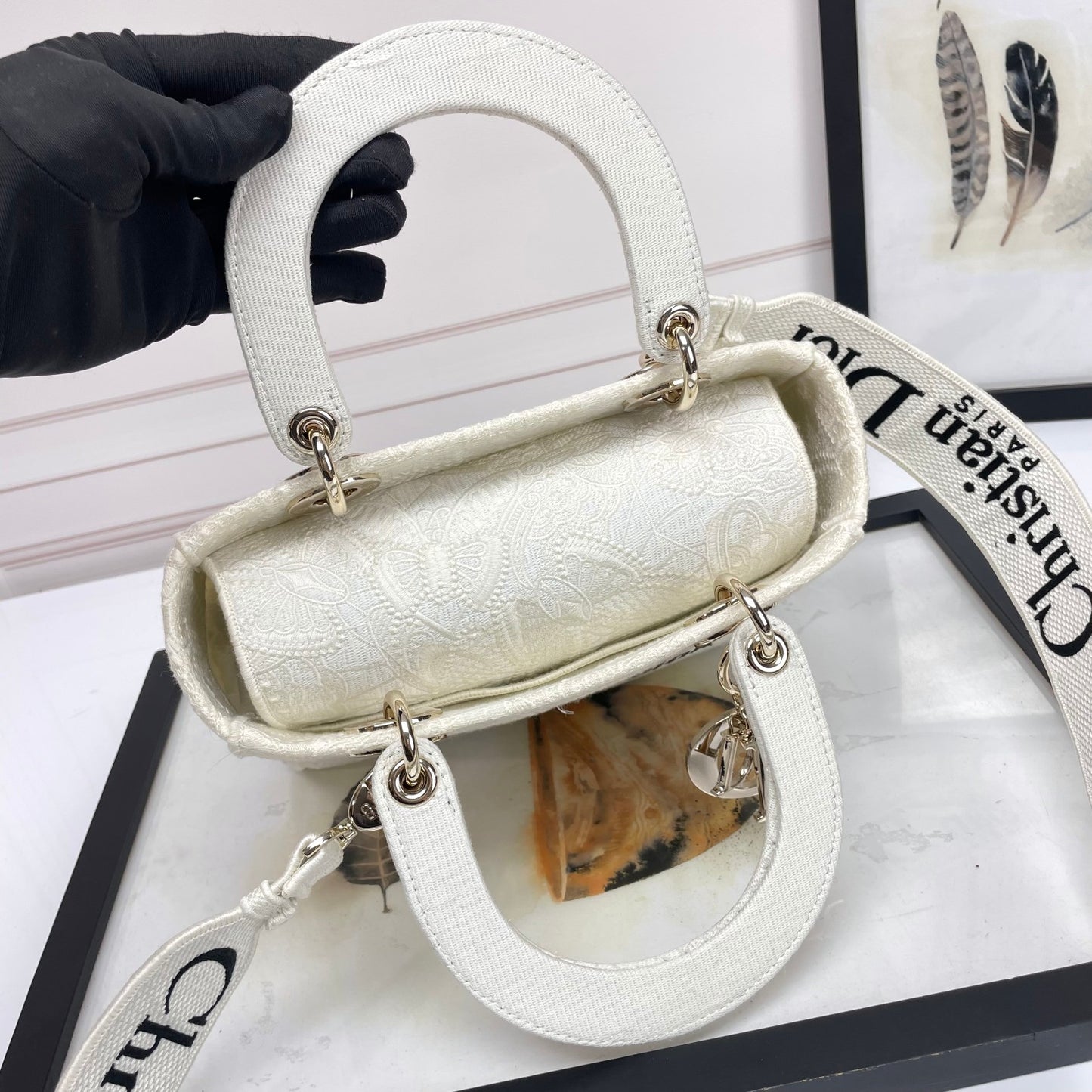 Christian Dior Lady D-Lite Bag - White Tone-on-Tone Canvas with Embroidery