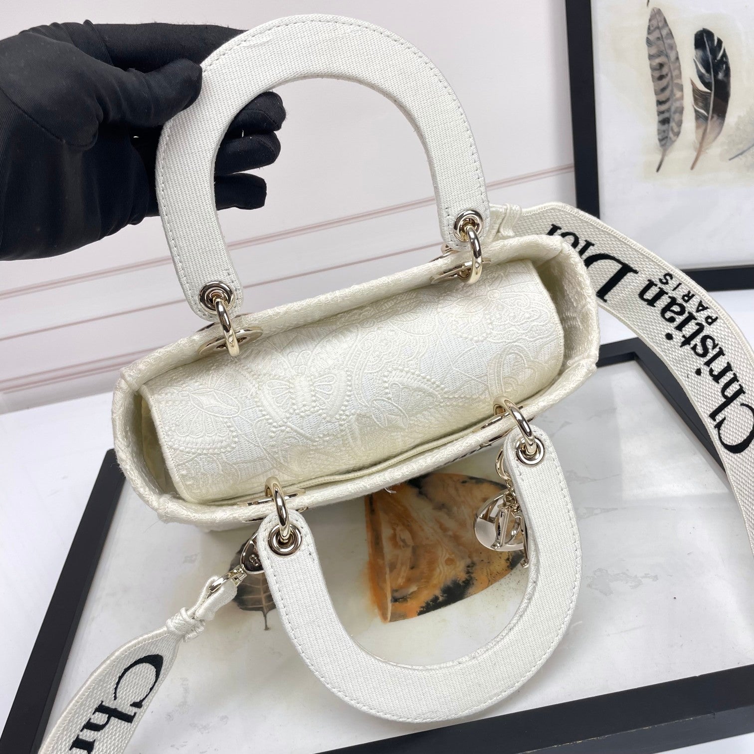 Dior Elegant White Embroidered Floral Canvas Top Handle Bag
