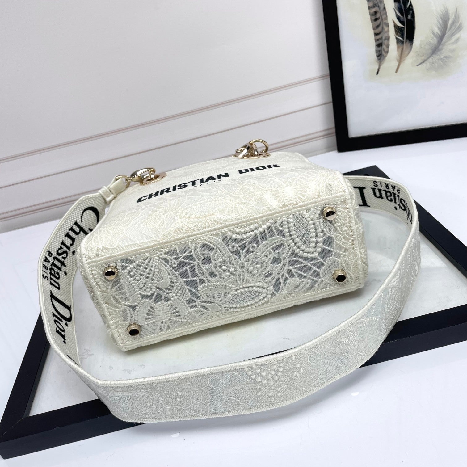 Dior White Floral Embroidered Canvas Top Handle Handbag