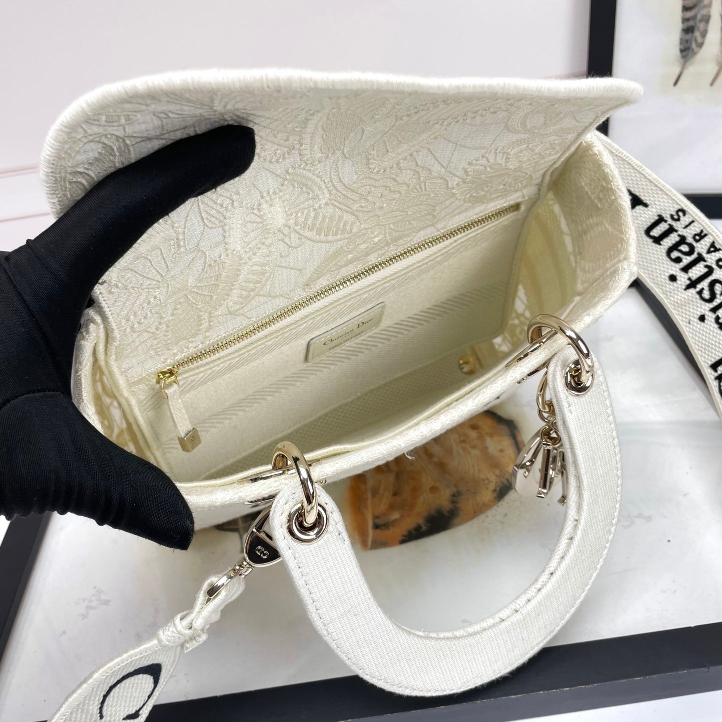 Christian Dior Lady D-Lite White Embroidered Canvas Handbag