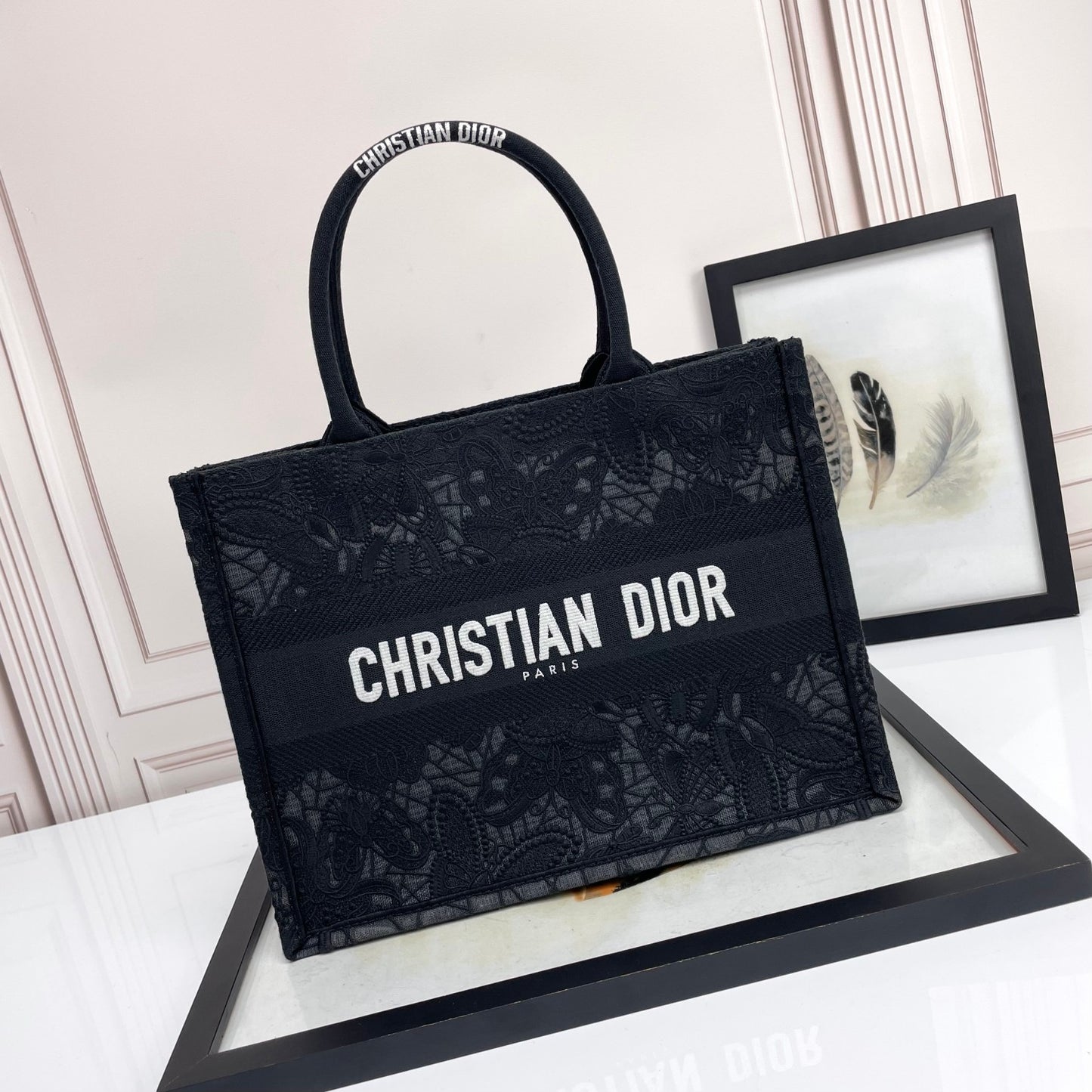 Dior Black Floral Embroidered Canvas Tote Bag with Top Handles