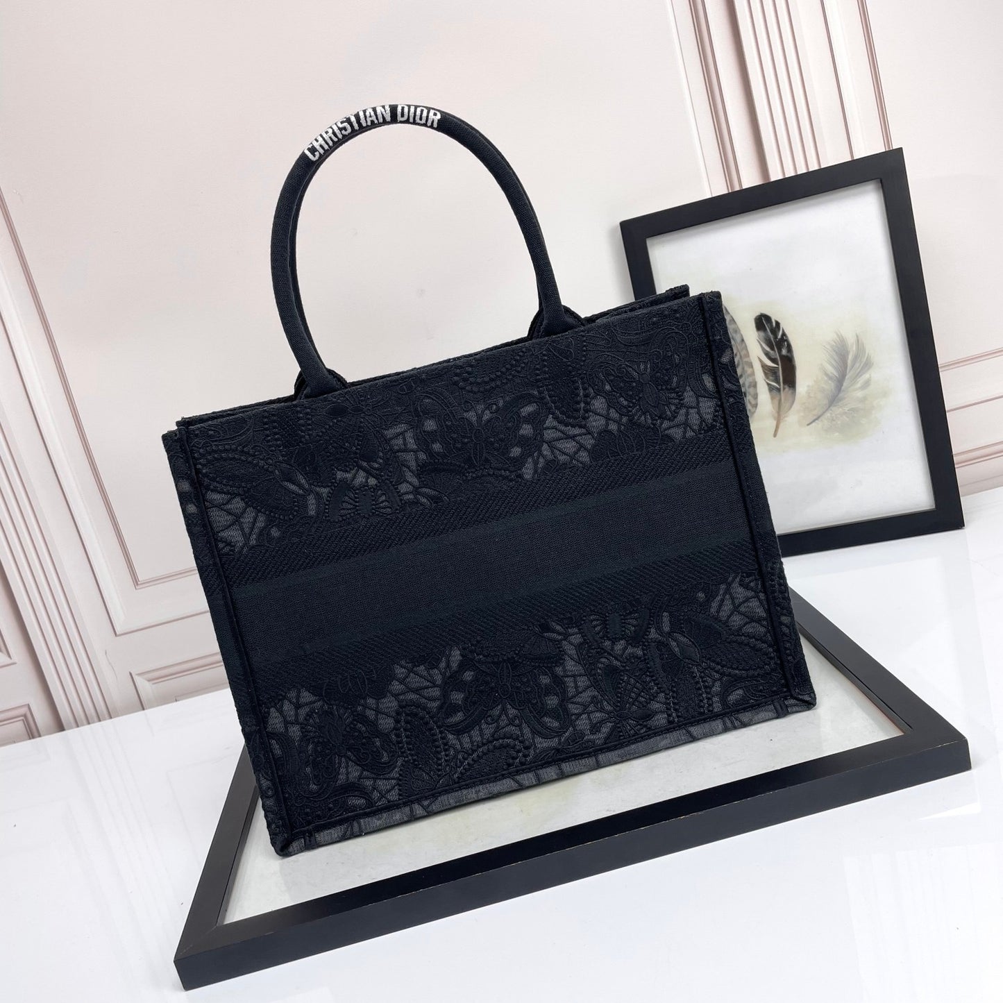 Dior Black Floral Lace Embroidered Canvas Tote Bag with Top Handles