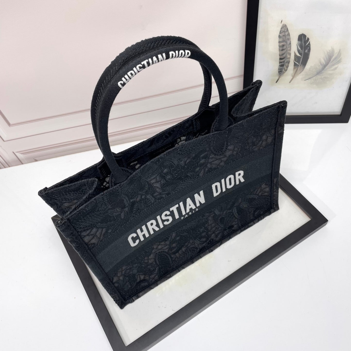 Dior Black Floral Embroidered Canvas Tote Bag with Top Handles