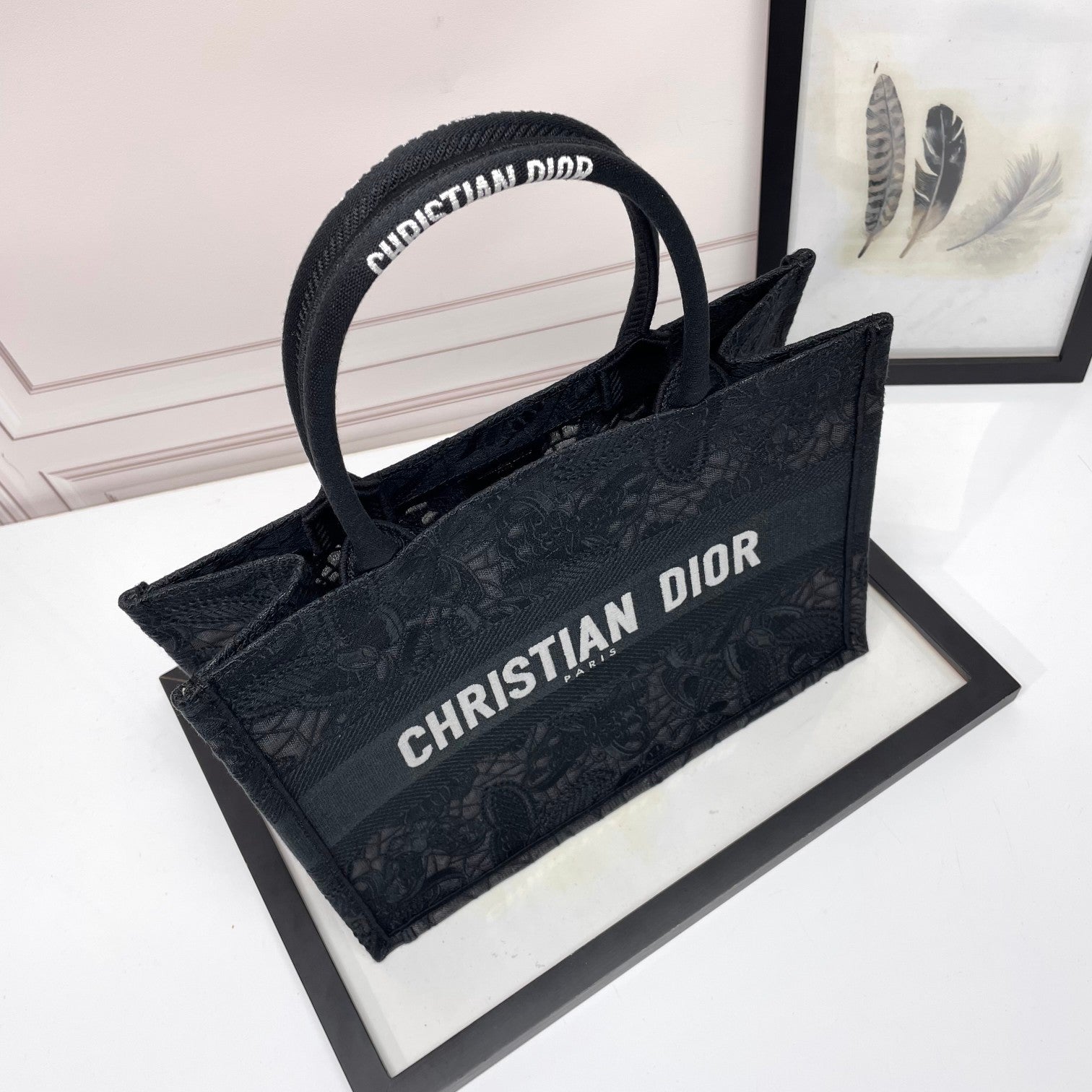 Dior Black Floral Embroidered Canvas Tote Bag with Top Handles