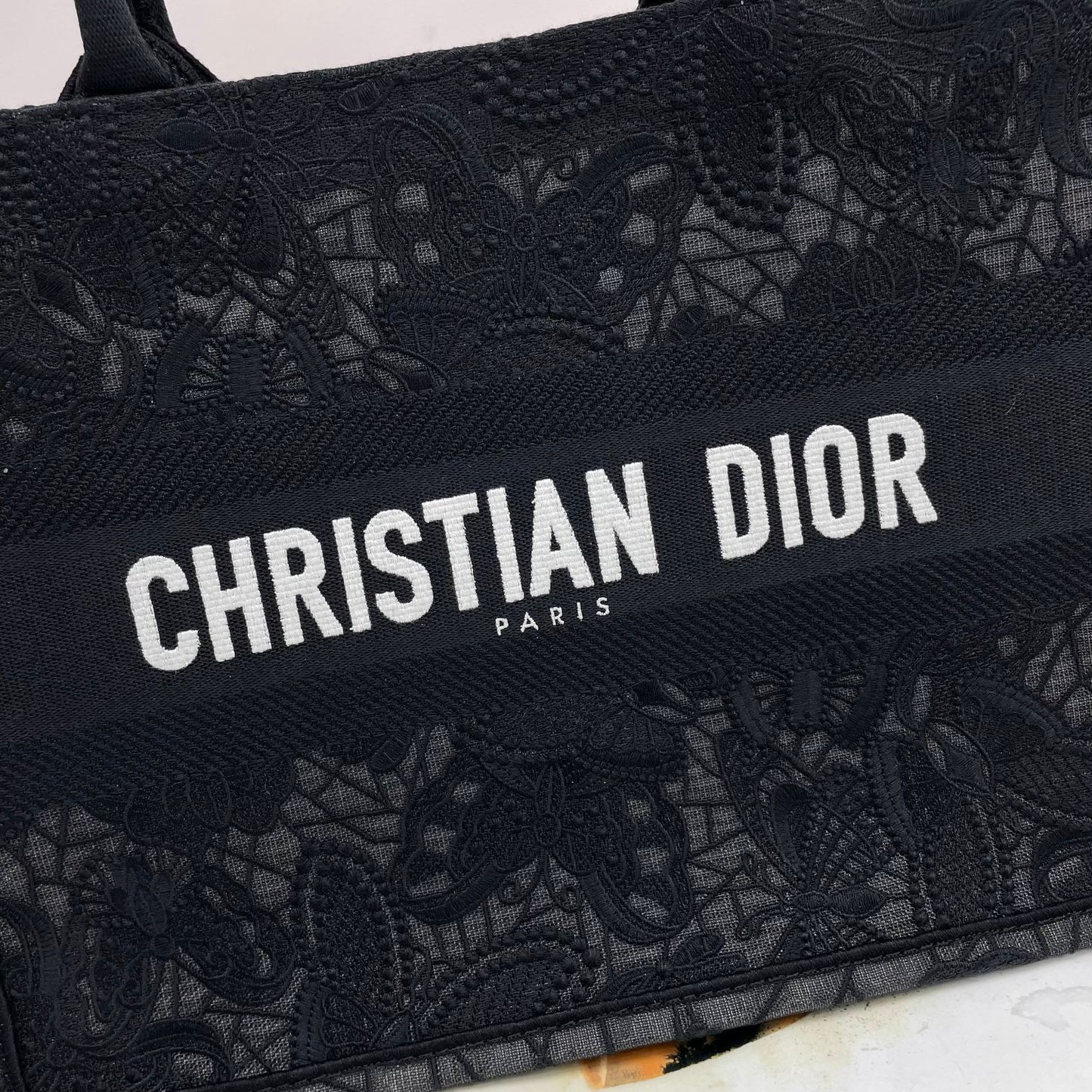 Dior Black Floral Embroidered Canvas Tote Bag with Top Handles