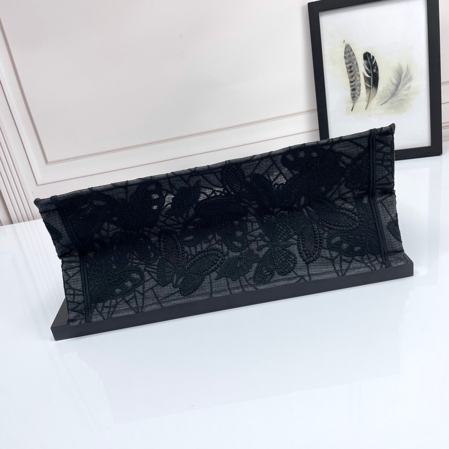 Dior Elegant Black Embroidered Floral Canvas Tote Bag with Top Handles