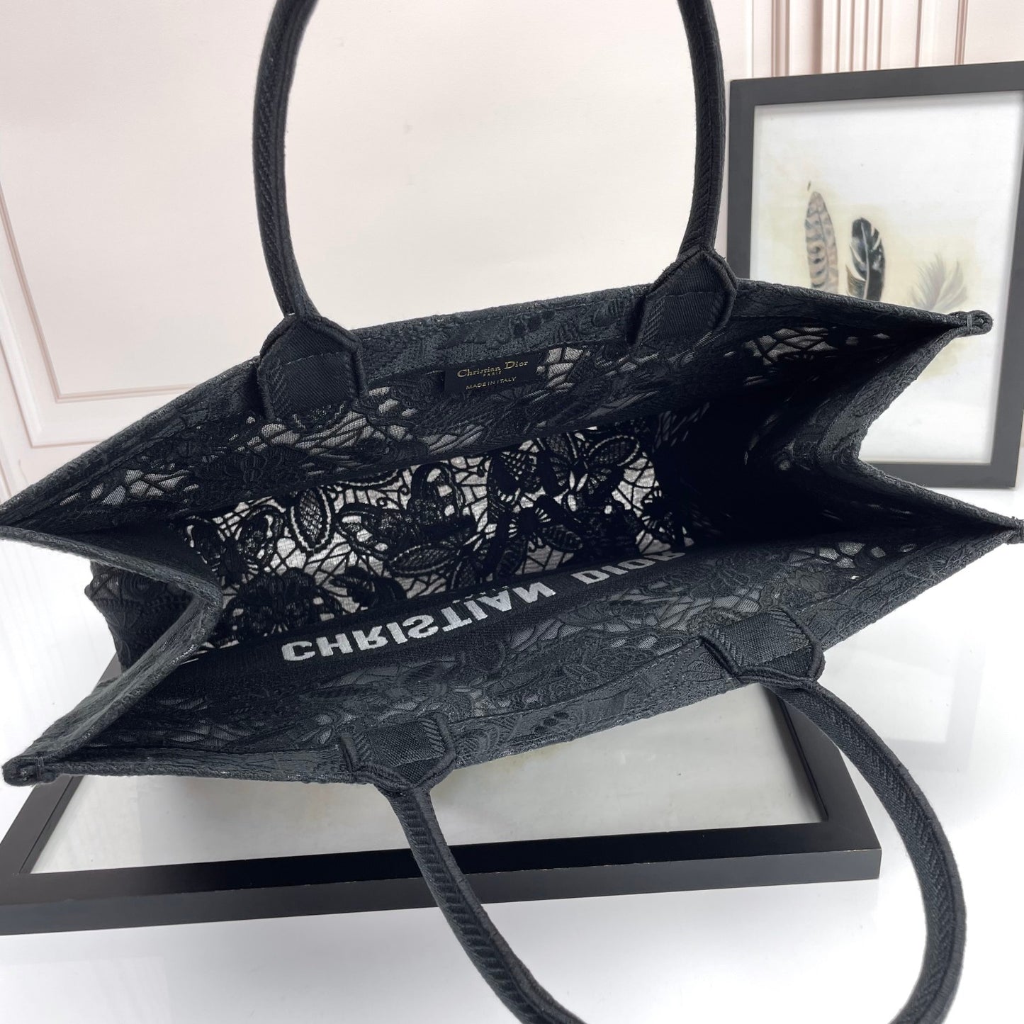Dior Black Lace Embroidered Canvas Tote Bag Top Handle Shopper