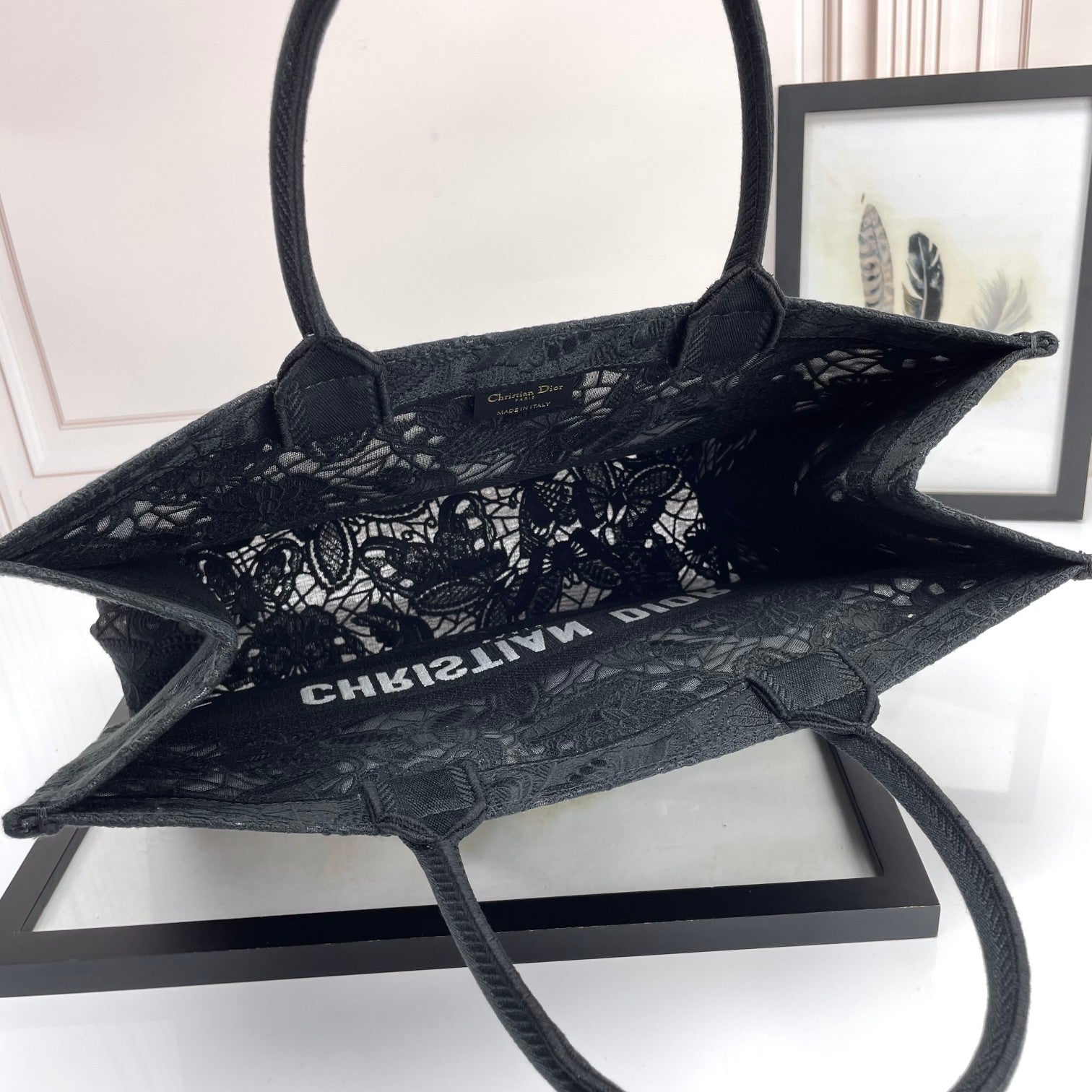 Dior Black Lace Embroidered Canvas Tote Bag Top Handle Shopper