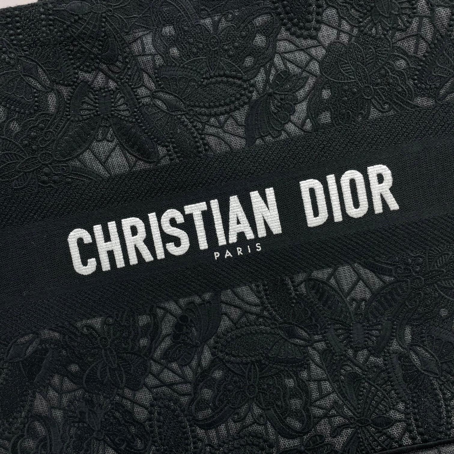 Dior Black Lace Embroidered Canvas Tote Bag Top Handle Shopper