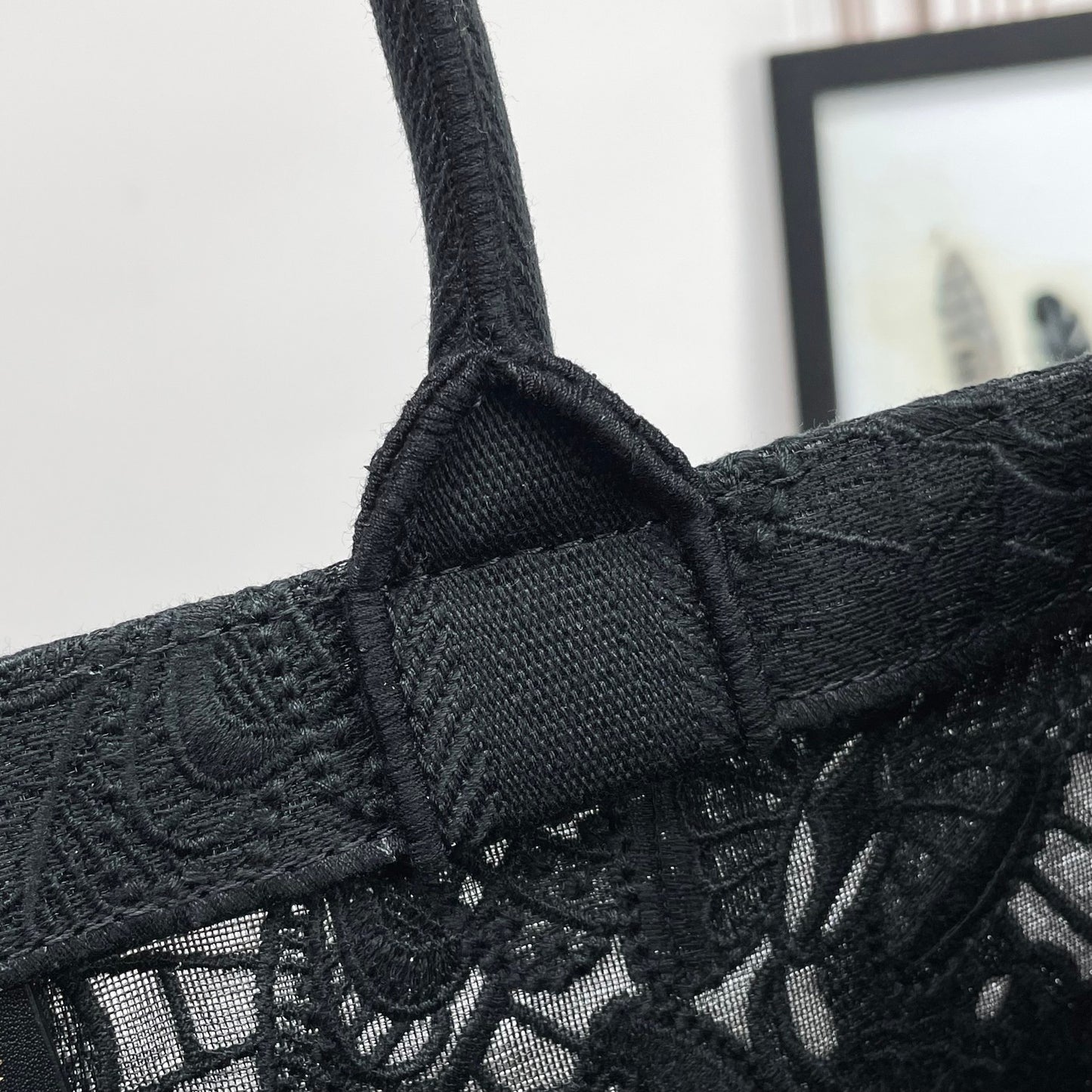 Dior Elegant Black Embroidered Floral Canvas Tote Bag with Top Handles