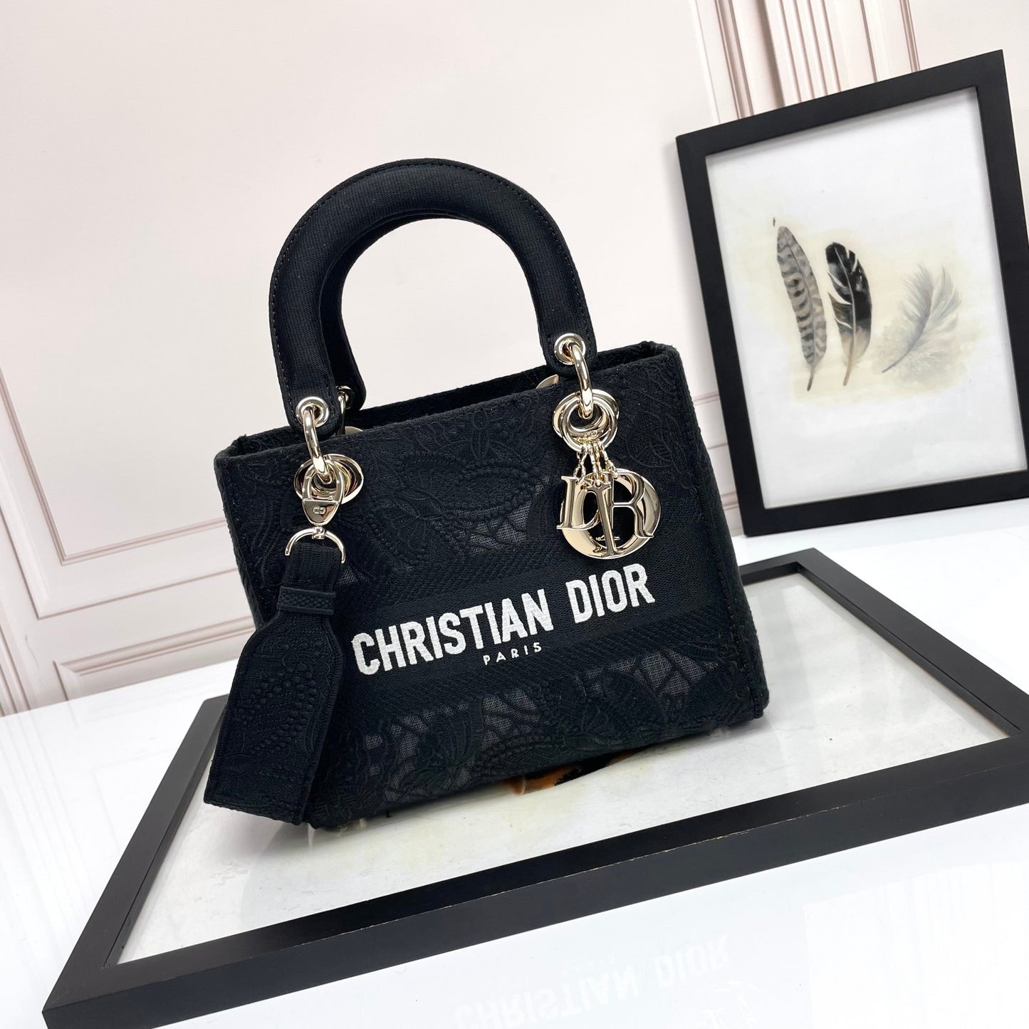 Dior Black Embroidered Canvas Top Handle Handbag with Charms