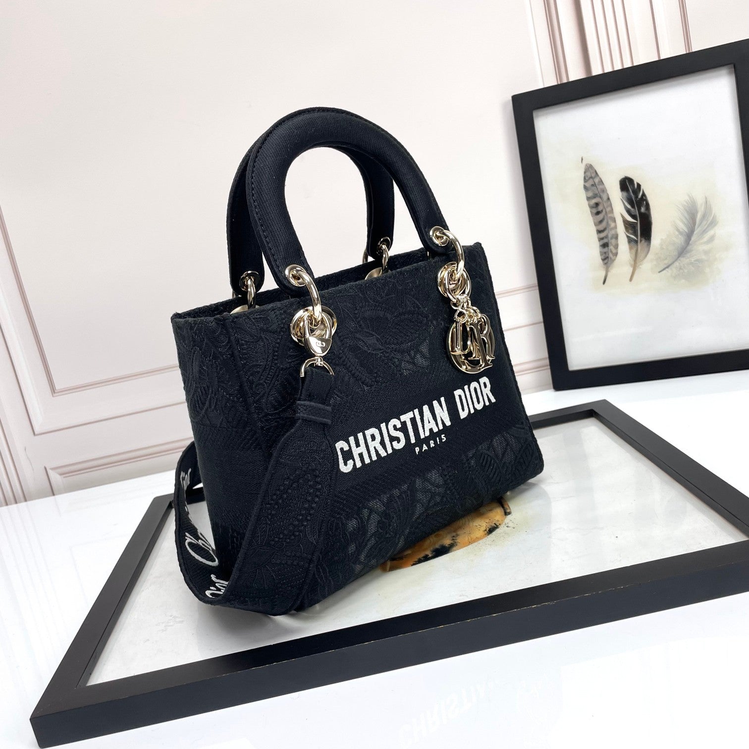 Dior Black Embroidered Canvas Top Handle Handbag with Charms