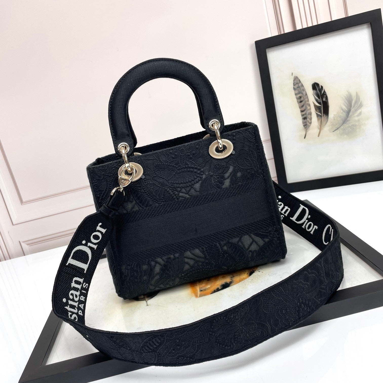 Christian Dior Lady D-Lite Bag Black Embroidered Cannage Medium Tote