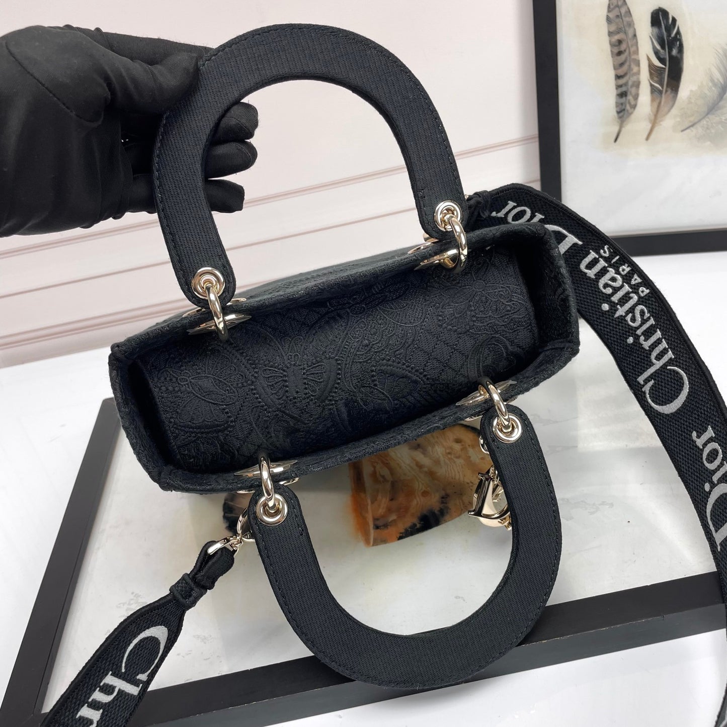 Dior Black Embroidered Canvas Top Handle Handbag with Charms
