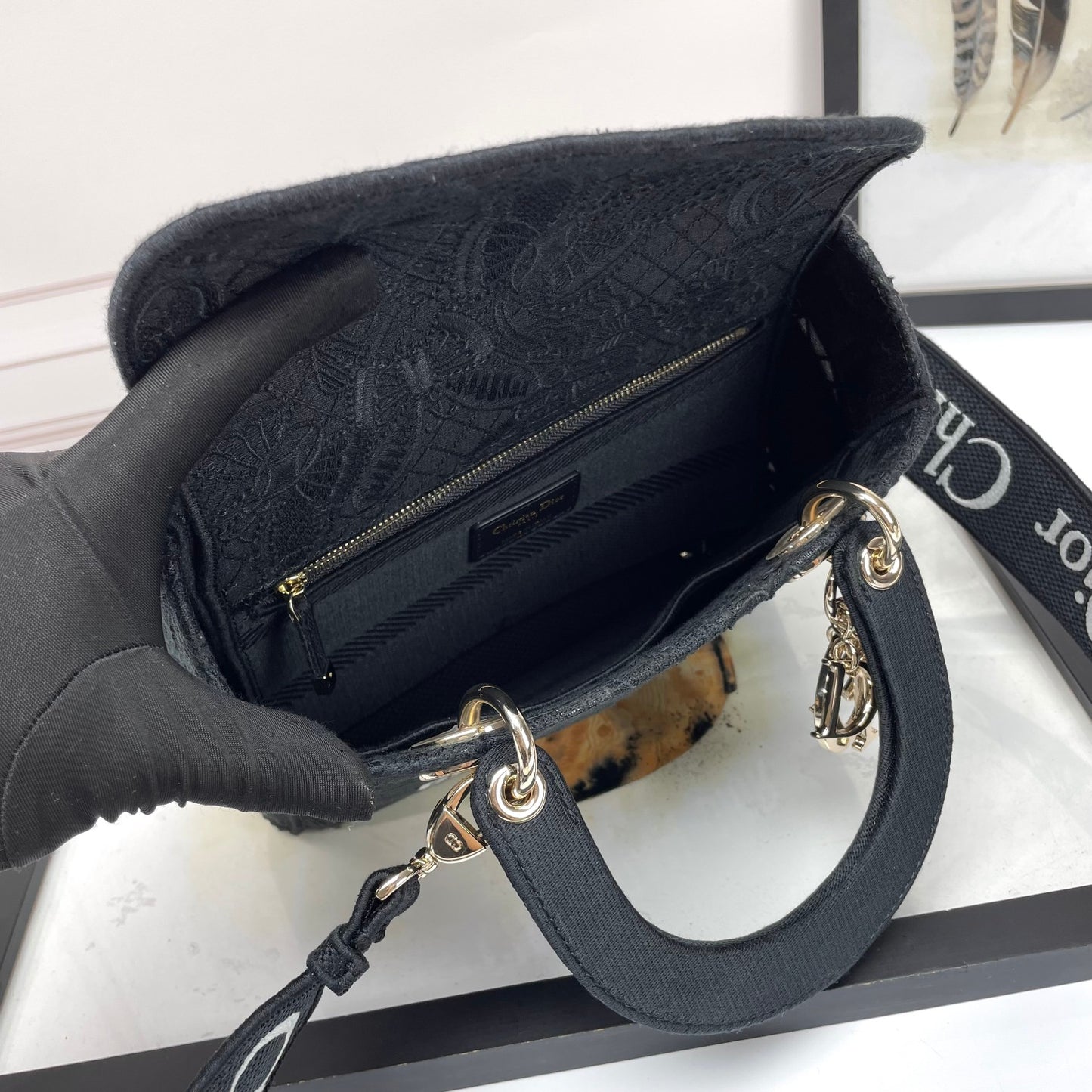 Christian Dior Lady D-Lite Bag Black Embroidered Cannage Medium
