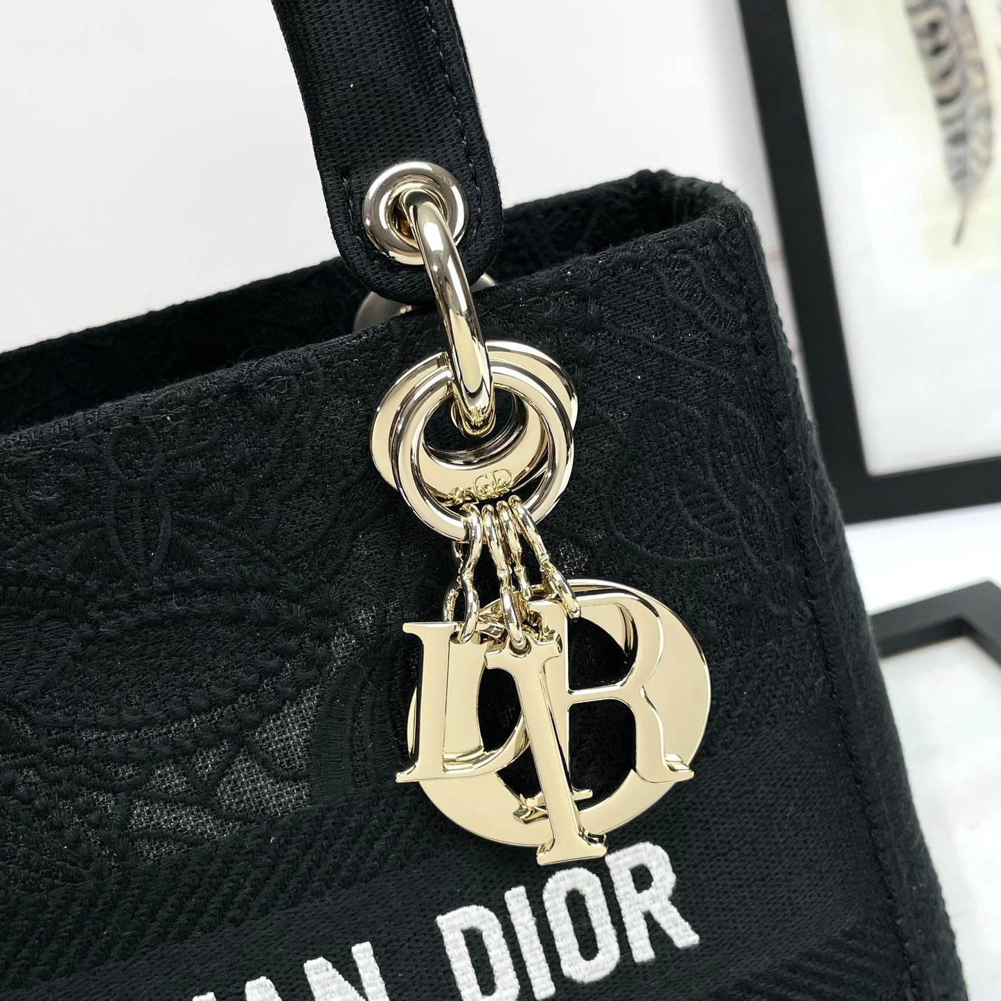 Dior Black Embroidered Canvas Top Handle Handbag with Charms