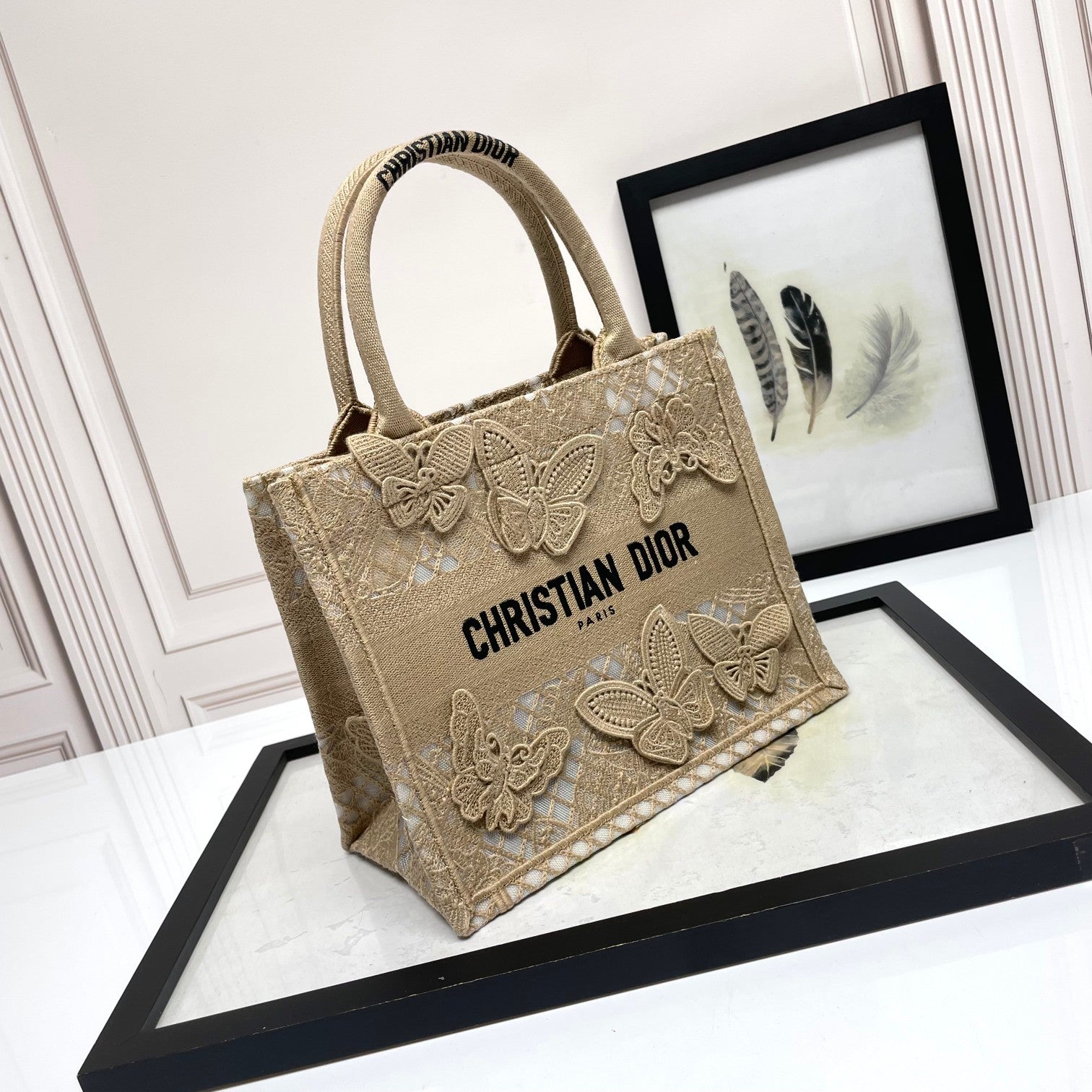 Christian Dior Medium Book Tote - Beige Butterfly Embroidered Canvas Bag