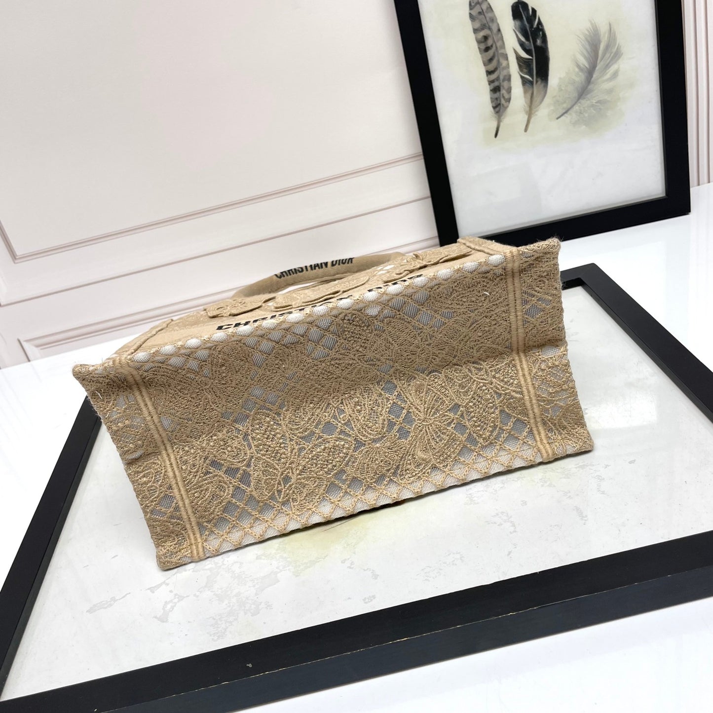 Dior Elegant Beige Canvas Tote Bag with Embroidered Butterfly Details