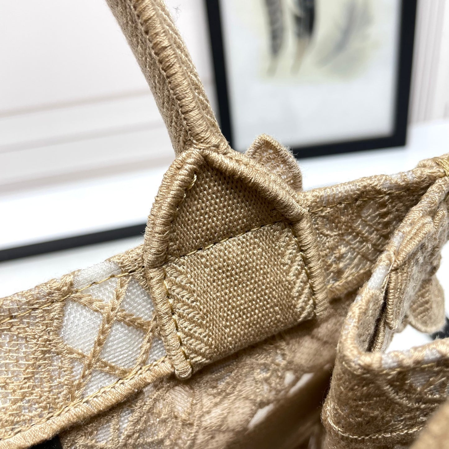 Dior Elegant Beige Canvas Tote Bag with Embroidered Butterfly Details
