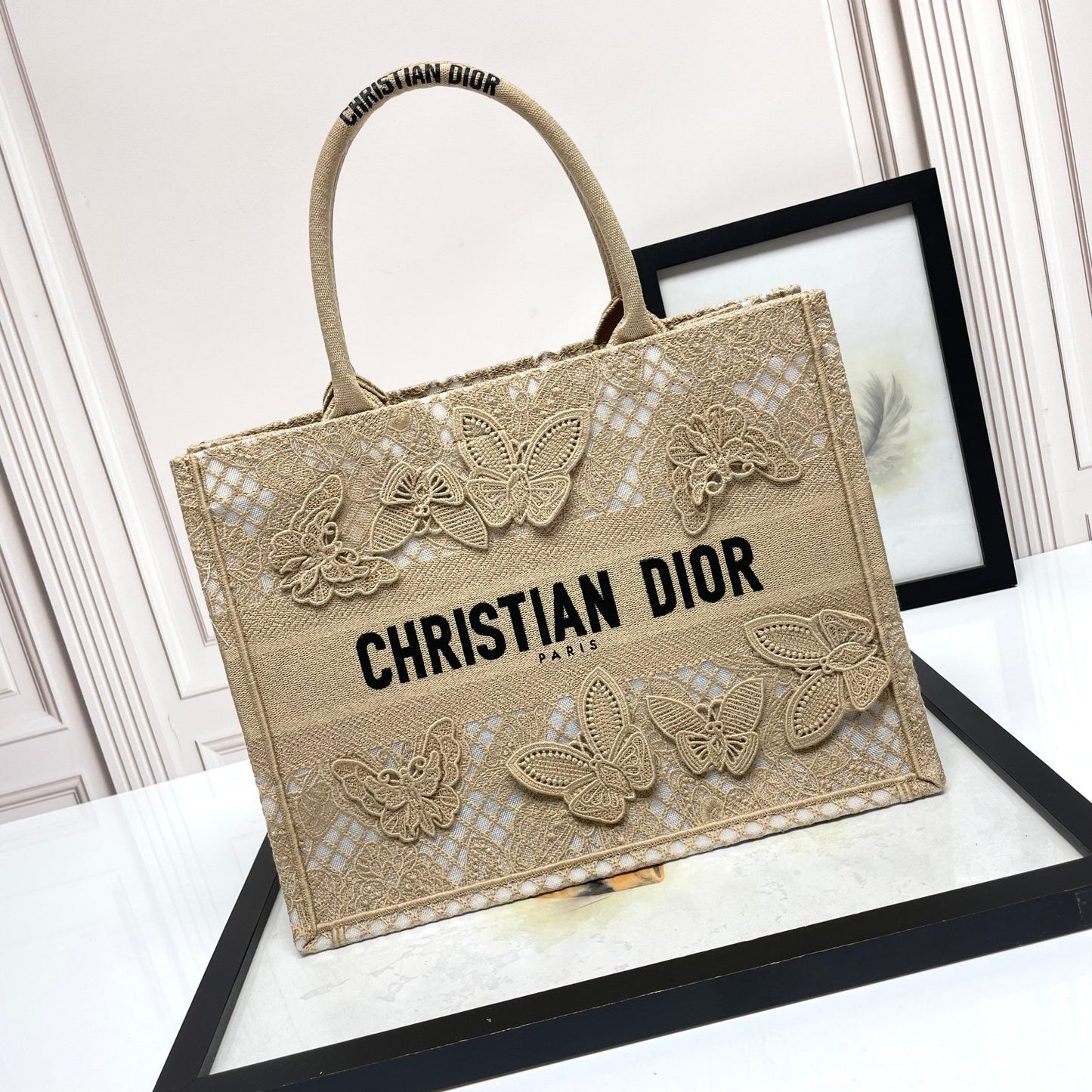 Christian Dior Butterfly Embroidered Book Tote Bag - Beige Canvas