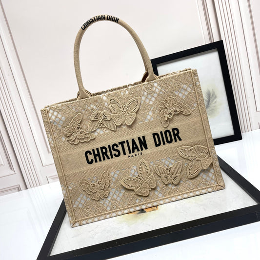 Dior Elegant Beige Woven Canvas Tote Bag with Butterfly Embroidery