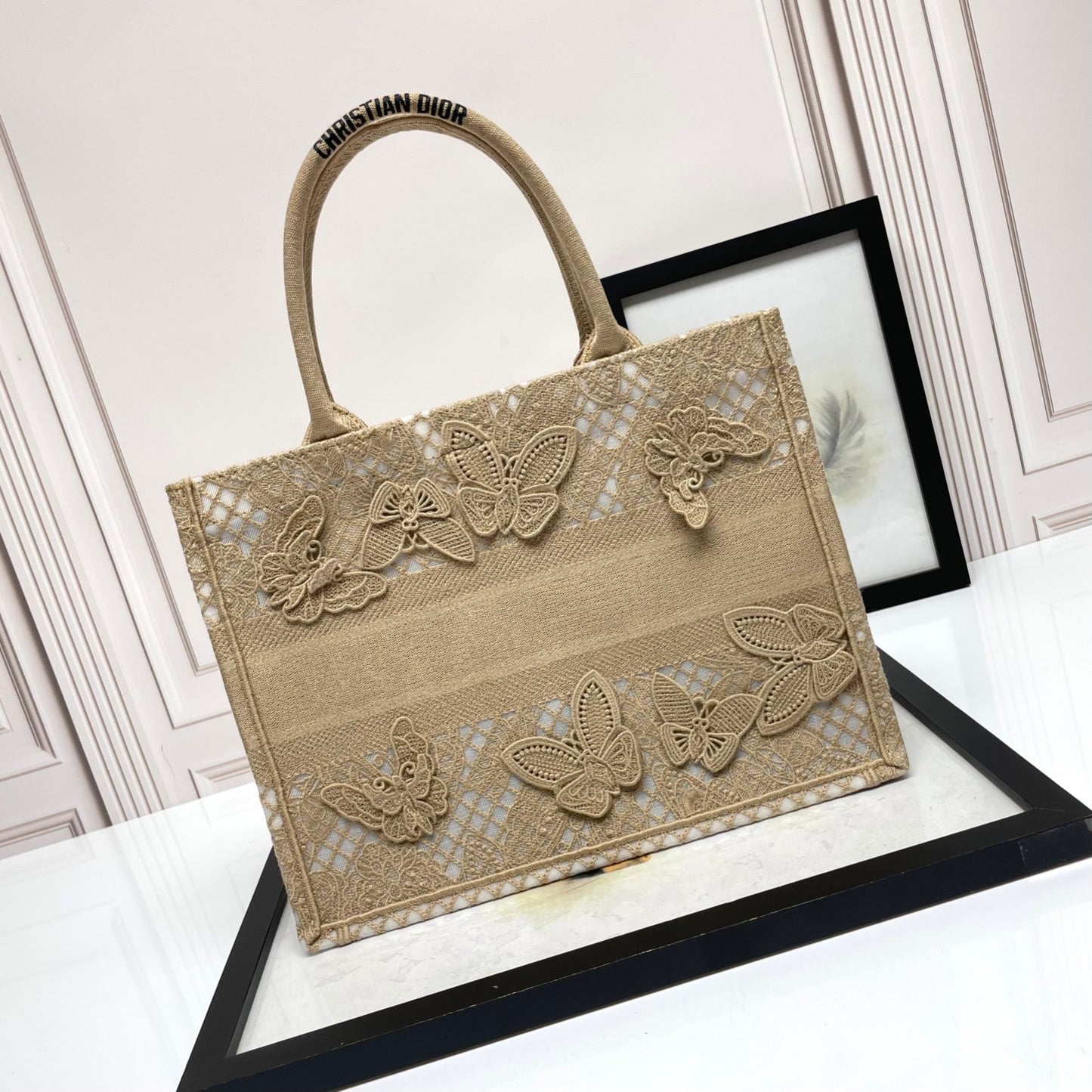 Dior Beige Butterfly Embroidered Canvas Tote Bag with Top Handles