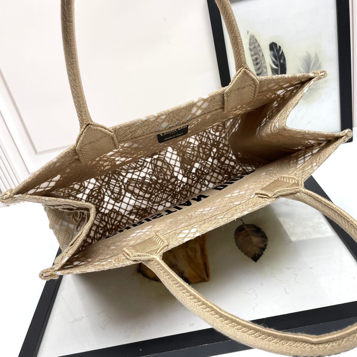 Dior Beige Butterfly Embroidered Canvas Tote Bag with Top Handles
