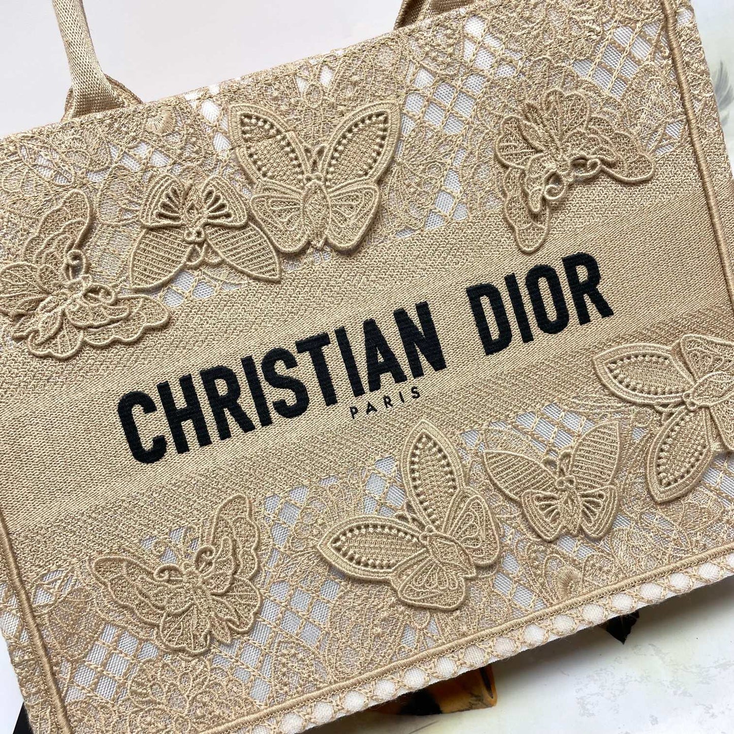 Christian Dior Medium Book Tote Bag with Butterfly Embroidery - Beige Canvas