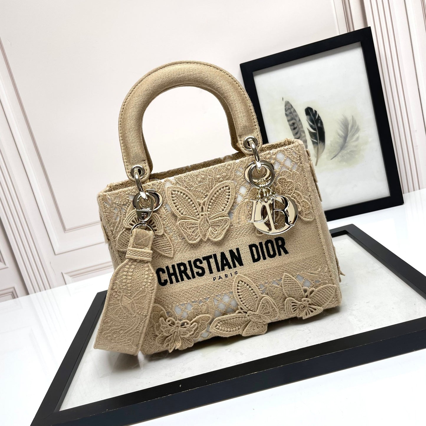 Christian Dior Lady D-Lite Bag with Butterfly Embroidery - Beige Canvas Handbag