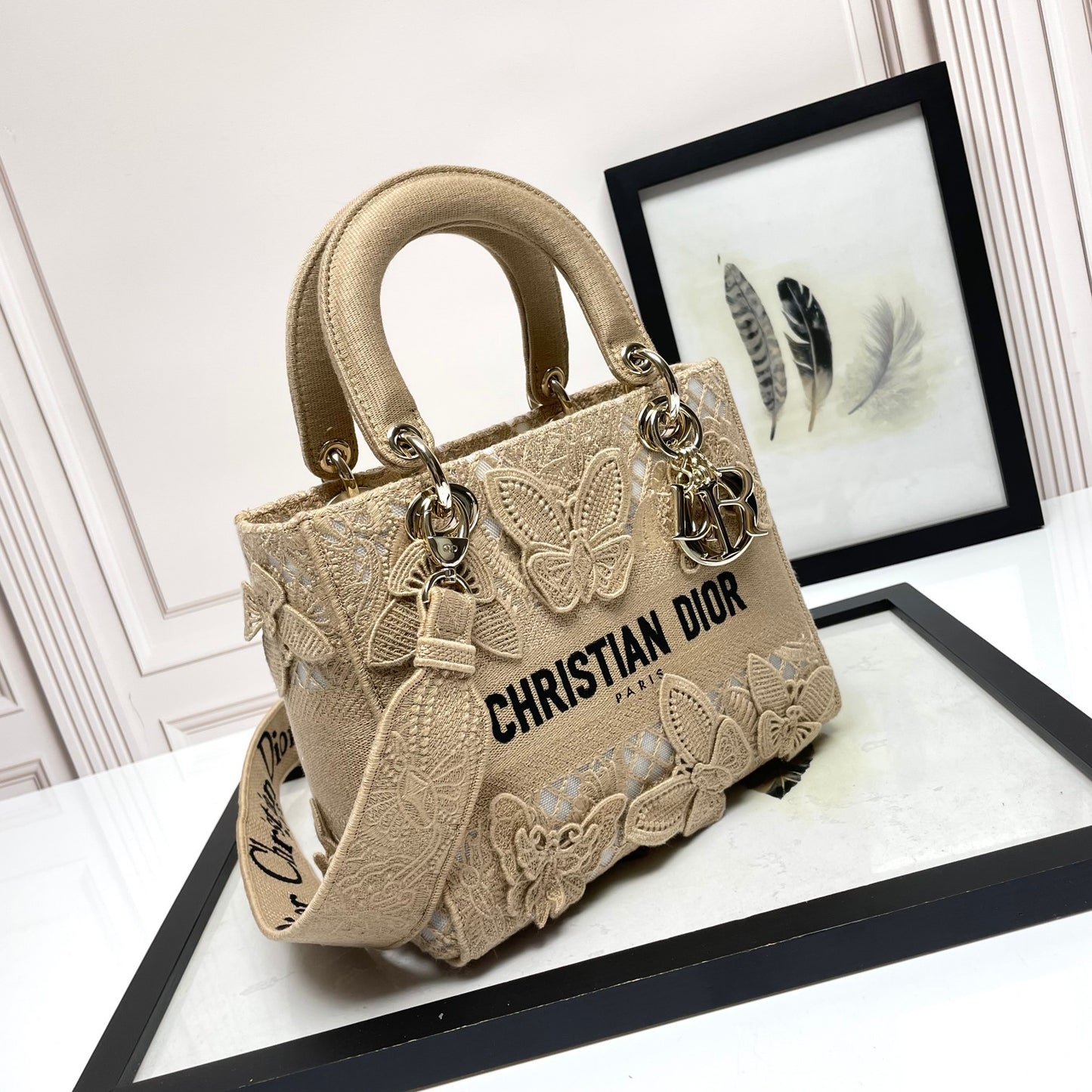 Dior Luxury Beige Butterfly Embroidered Canvas Top Handle Handbag