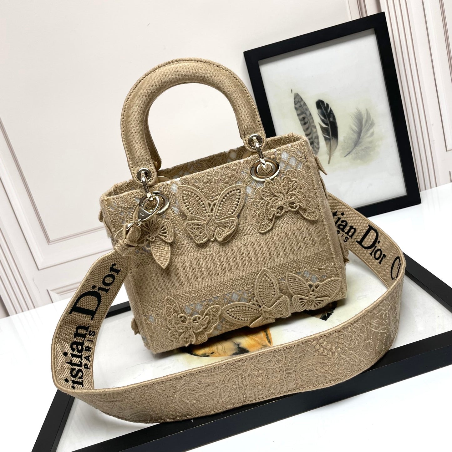 Christian Dior Lady D-Lite Handbag in Beige Butterfly Embroidery