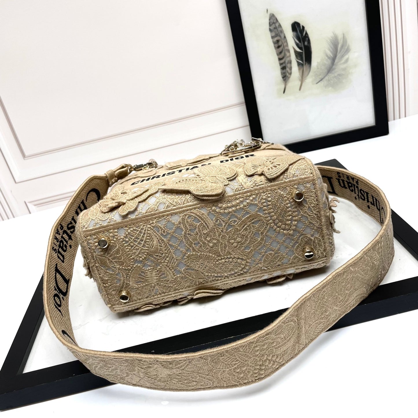Dior Elegant Beige Butterfly Embroidered Lace Top Handle Handbag