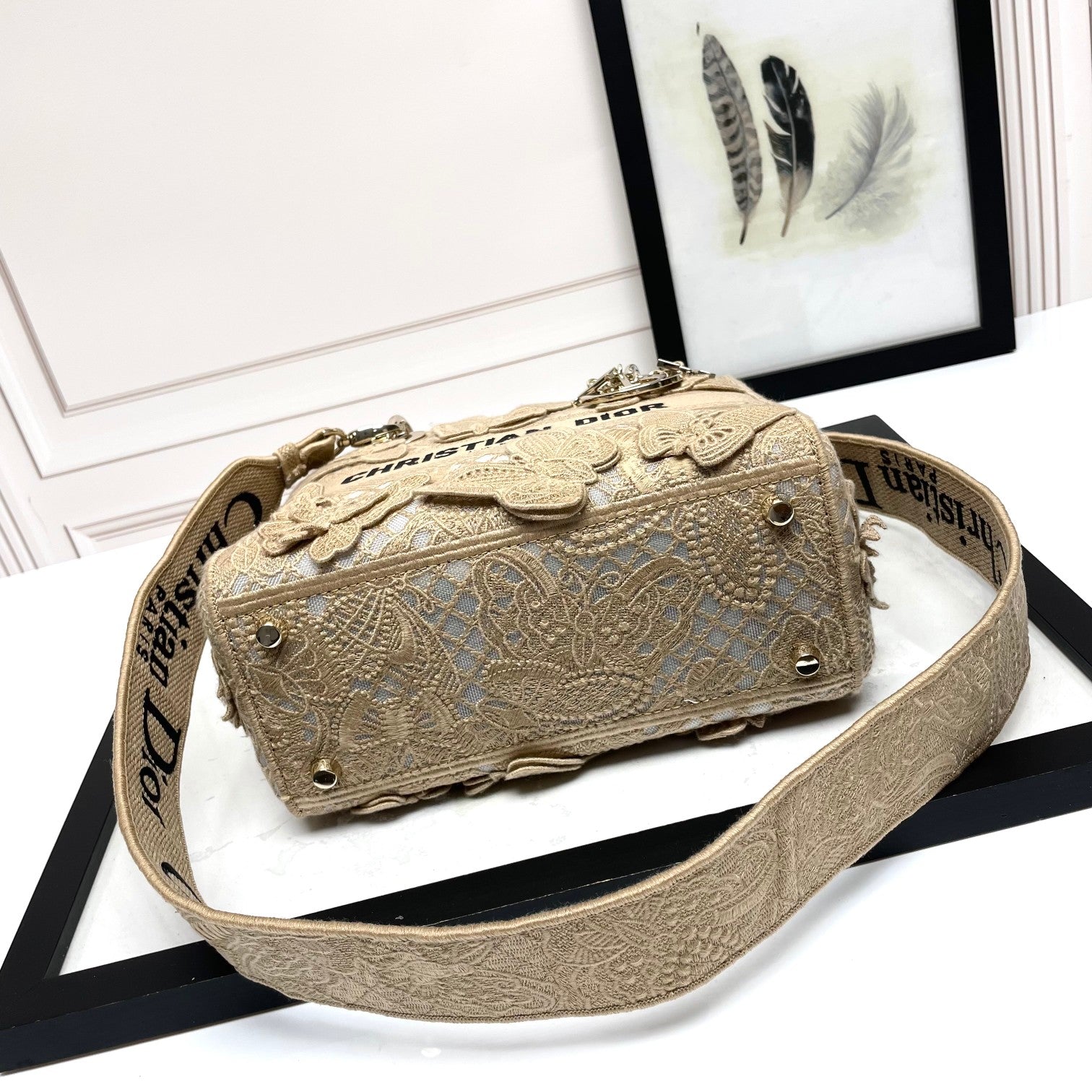 Dior Elegant Beige Butterfly Embroidered Lace Top Handle Handbag