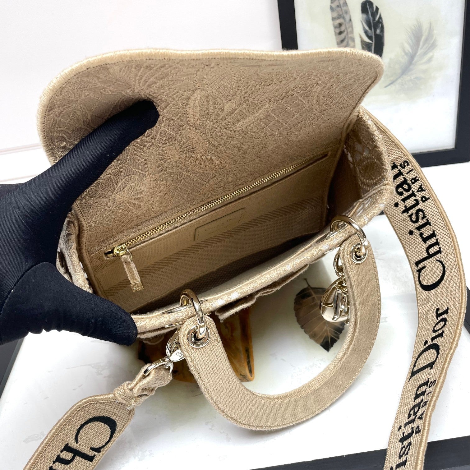 Christian Dior Lady D-Lite Bag Beige Butterfly Embroidered Canvas Handbag