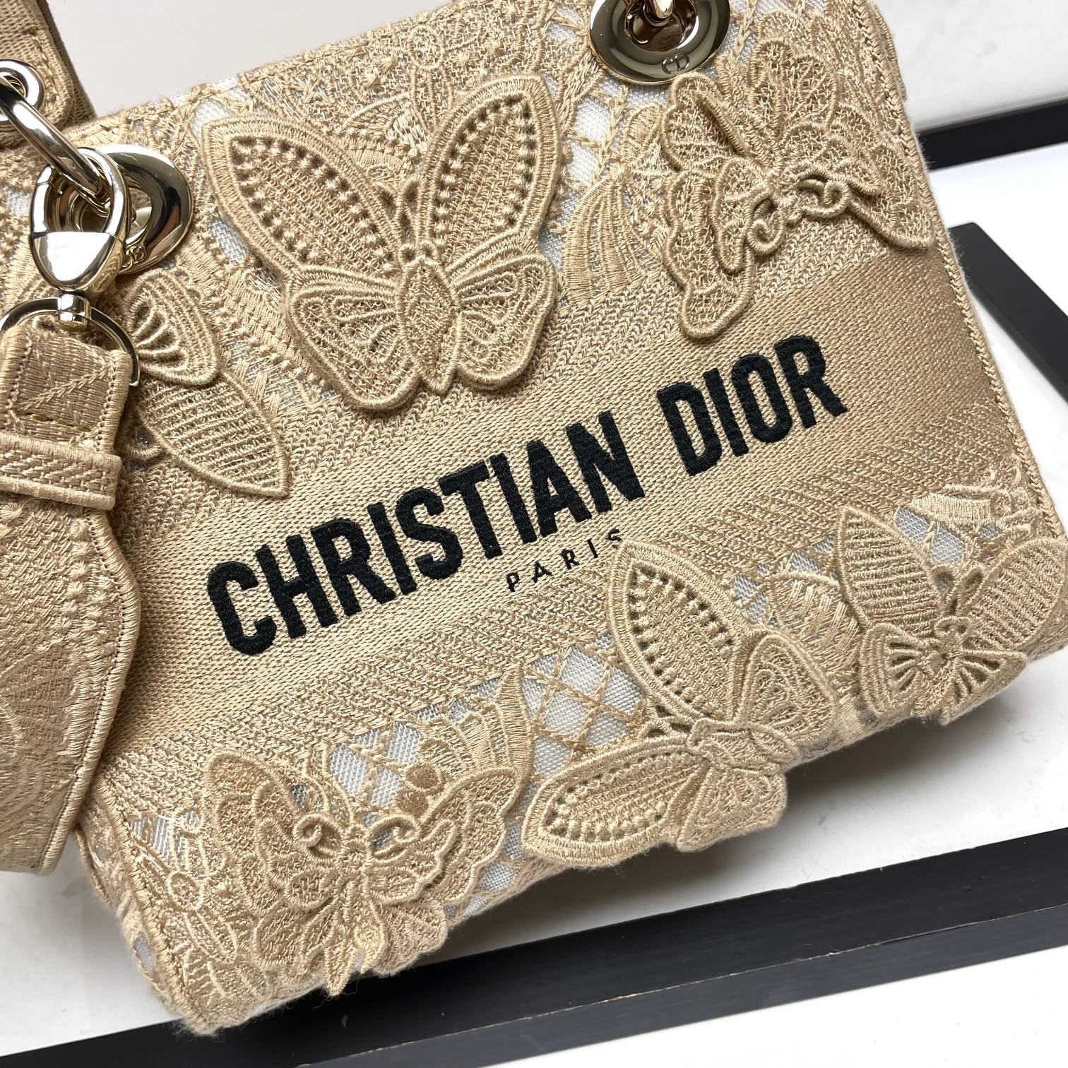 Christian Dior Lady D-Lite Bag Beige Butterfly Embroidered Canvas Handbag