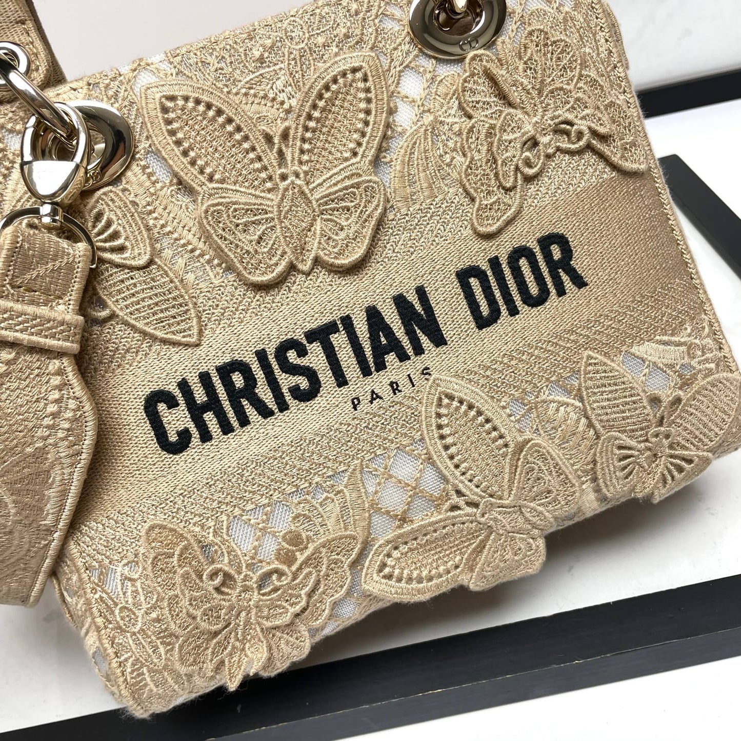Dior Elegant Beige Butterfly Embroidered Lace Top Handle Bag