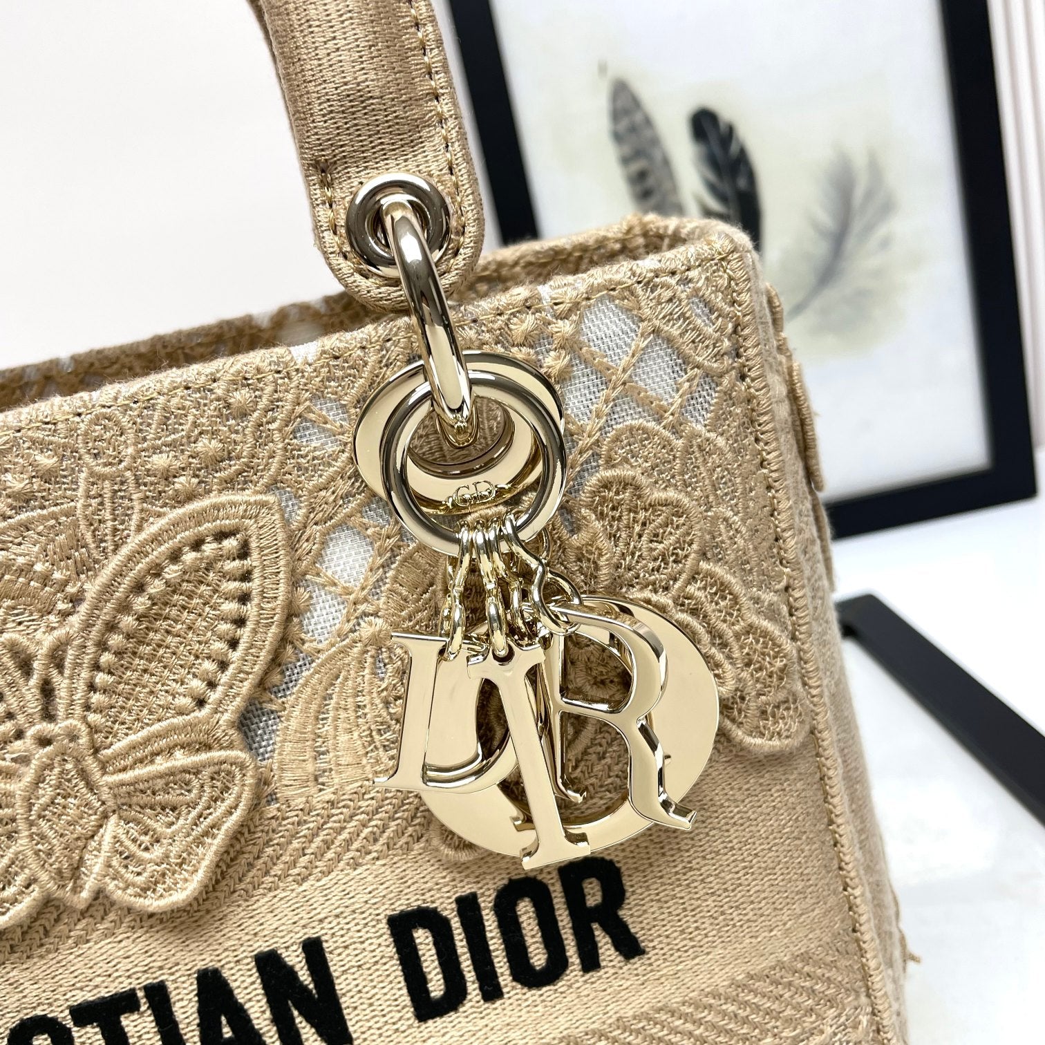 Christian Dior Lady D-Lite Bag with Butterfly Embroidery - Beige Canvas Handbag