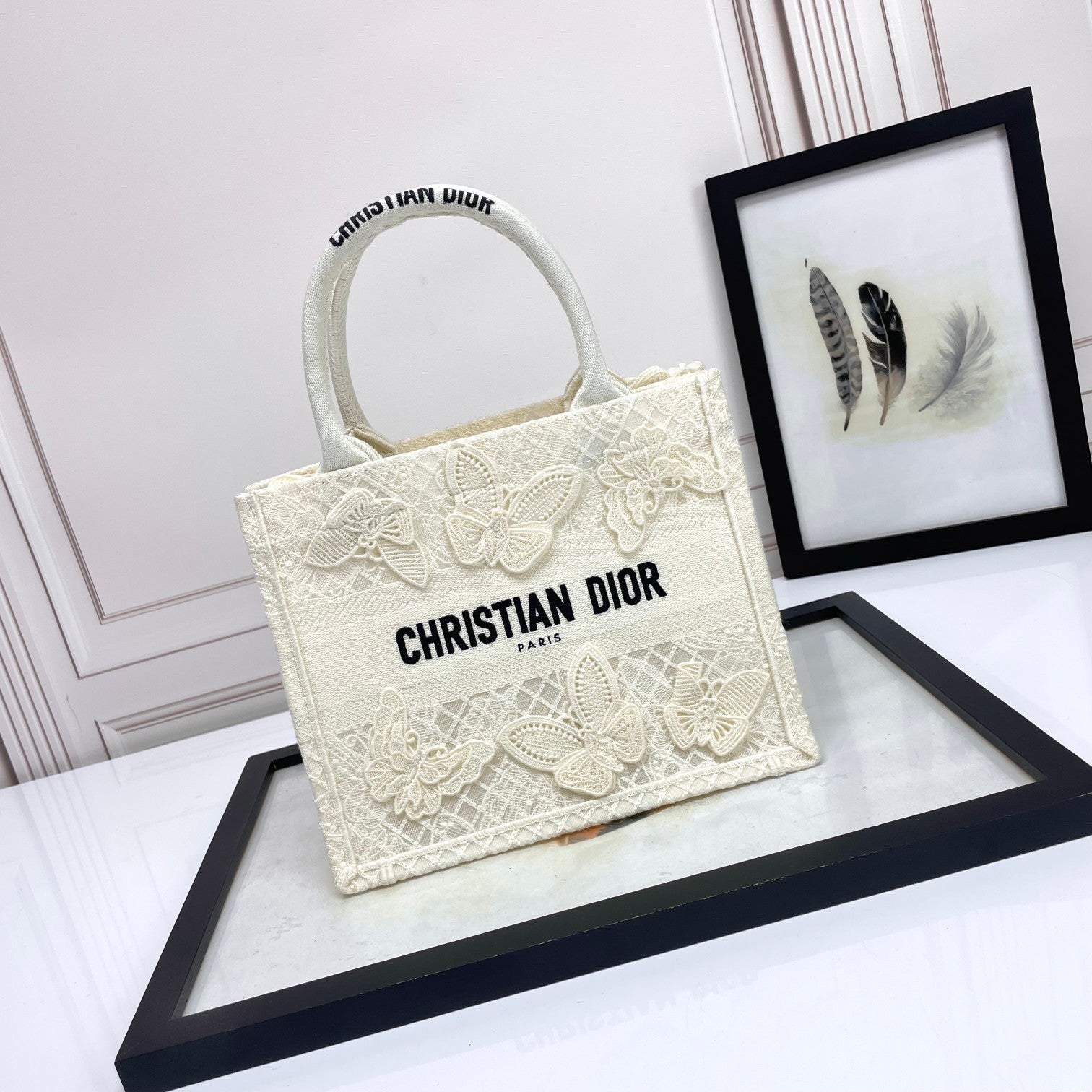 Dior Elegant Off-White Canvas Tote Bag with Embroidered Butterflies