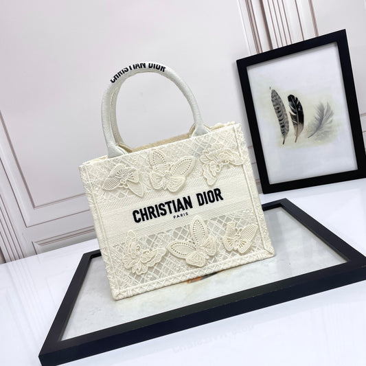 Dior Elegant Off-White Canvas Tote Bag with Embroidered Butterflies