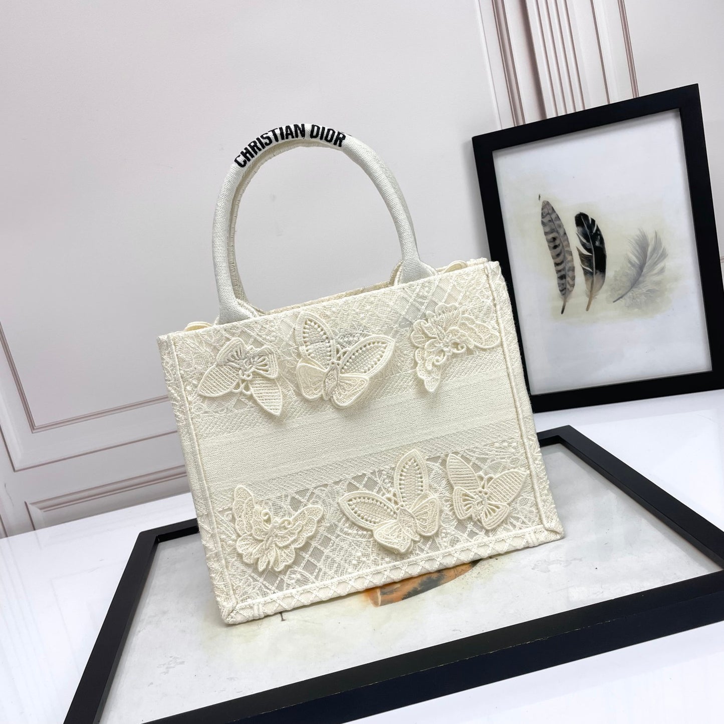 Christian Dior White Butterfly Embroidered Medium Book Tote Bag