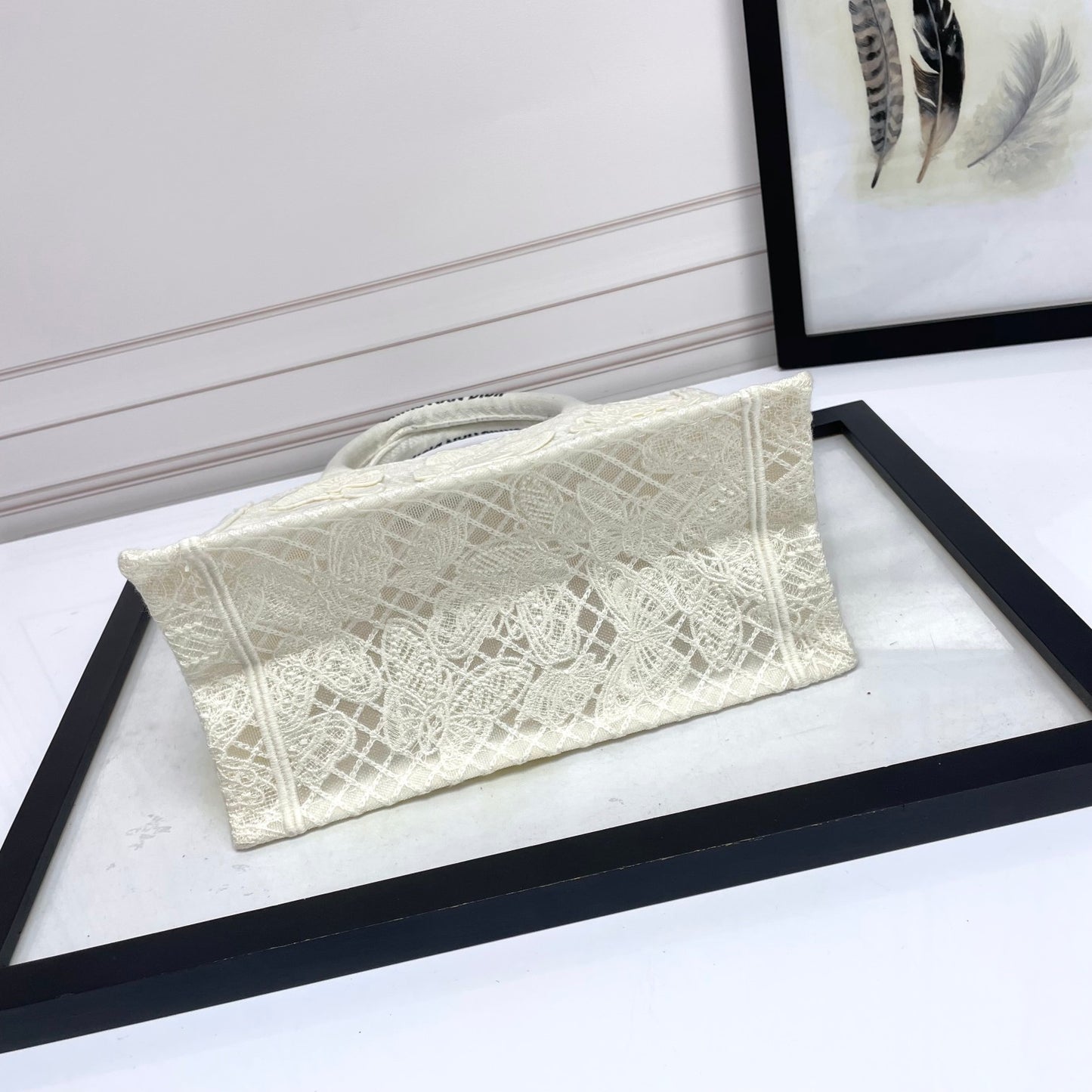 Dior Elegant Off-White Canvas Tote Bag with Embroidered Butterflies