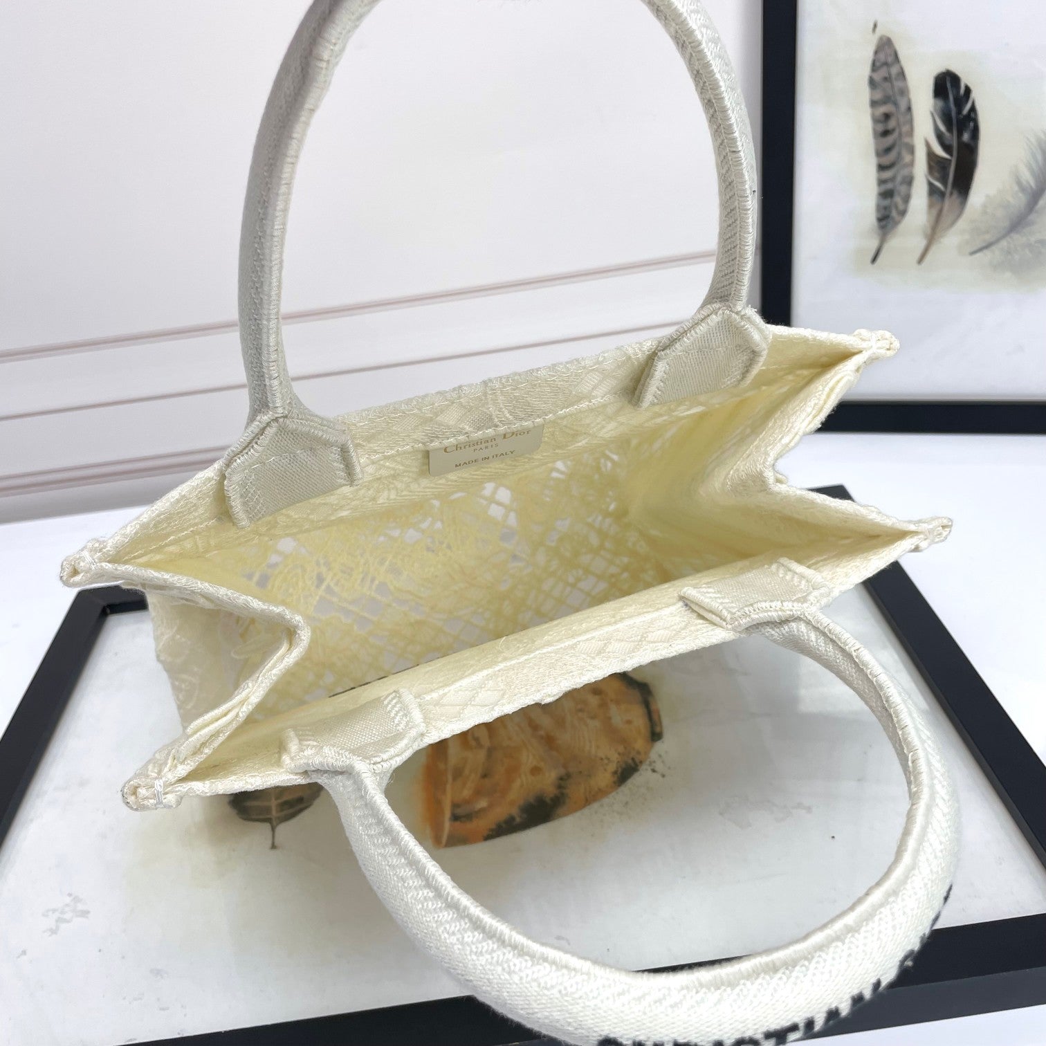 Christian Dior White Canvas Book Tote Bag with 3D Butterfly Embroidery