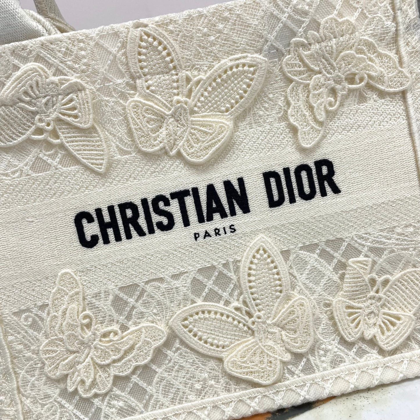Dior Cream Butterfly Lace Embroidery Top Handle Canvas Tote Handbag