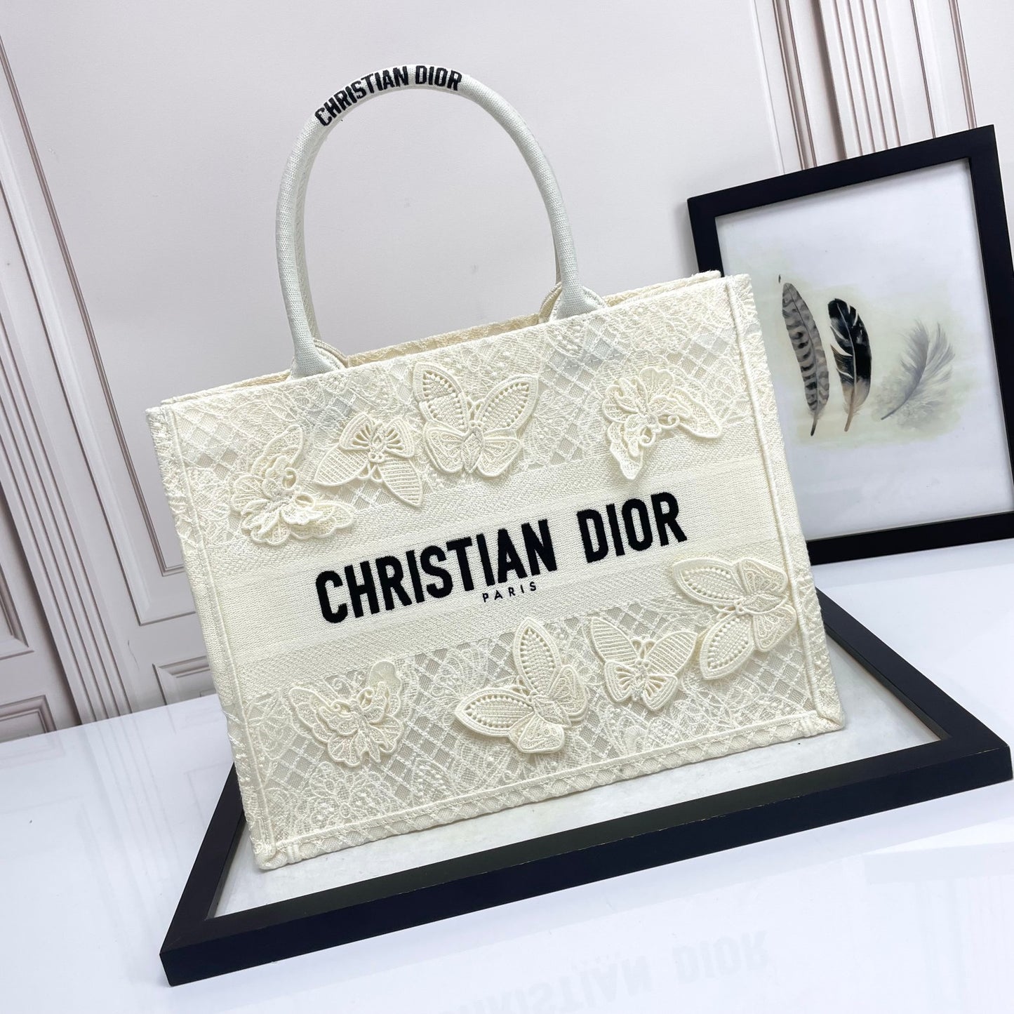 Dior White Butterfly Embroidery Canvas Tote Bag with Top Handles