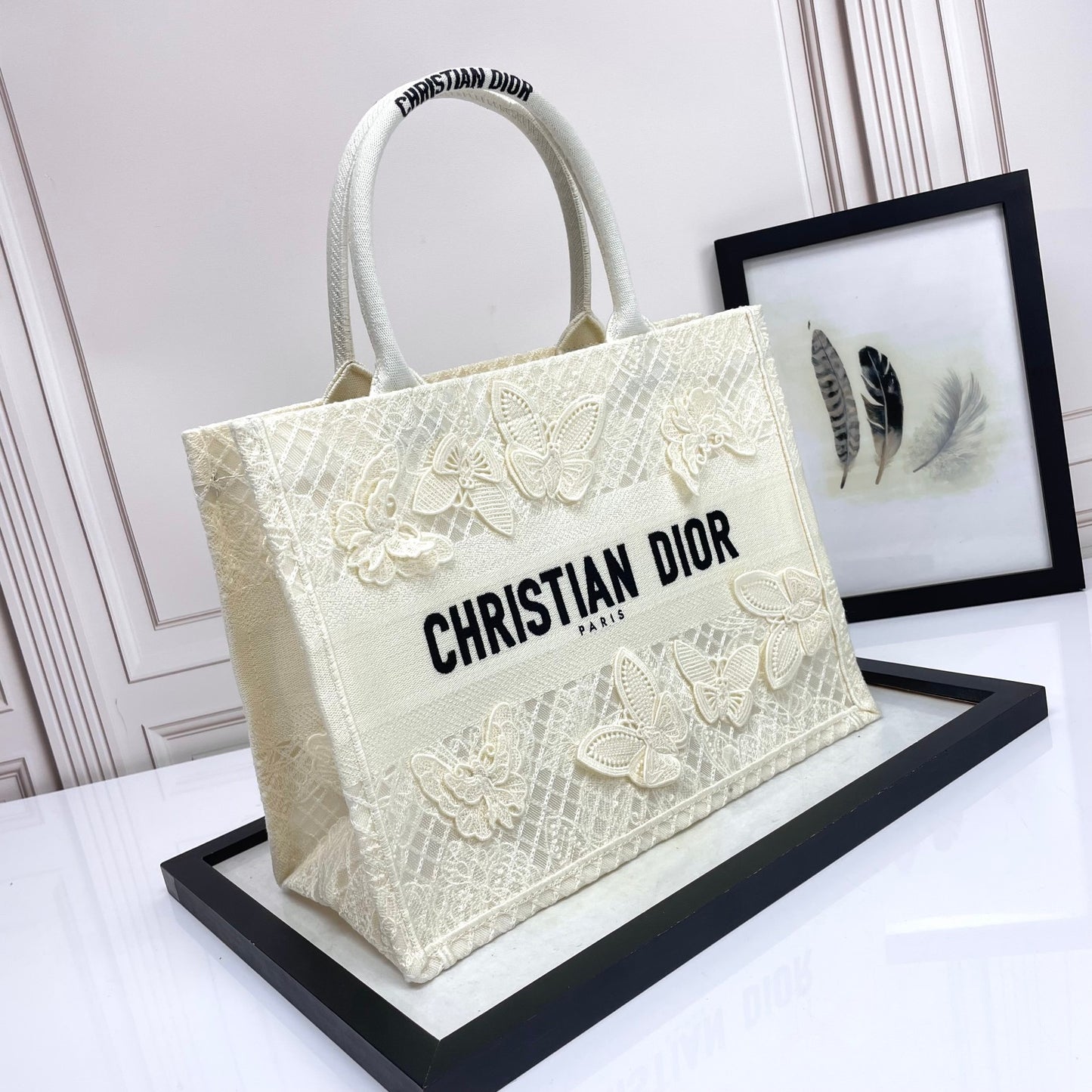 Dior White Butterfly Embroidery Canvas Tote Bag with Top Handles